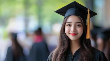 Asian young female graduate in cap and gown smiling outdoors photo