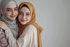 Two smiling young caucasian females in hijabs embracing photo