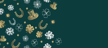 St. Patricks Day, frame, clover pattern on green. Hand drawn illustrations vector
