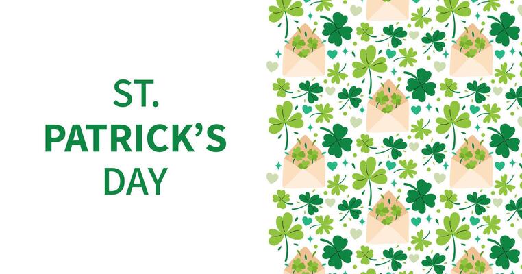 St. Patrick's Day greeting banner. Green clover and festive envelope. Holiday Irish background. Hand drawn elements shamrock, envelope. flat illustration.