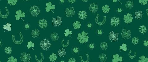 Patricks Day, clover pattern on green. Hand drawn illustrations vector
