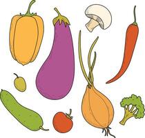 Set of vegetables, color illustrations drawn from pukas. Eggplant, pepper, onion, champignon, beetroot, cucumber. vector