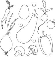 Set of vegetables, hand drawn linear illustrations. Eggplant, pepper, onion, champignon, beet, cucumber, carrot, broccoli. vector