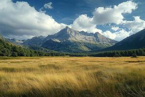 Panoramic view of mountain with forest under blue sky with clouds. Landscape. Generated by artificial intelligence. photo