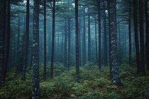 Pine forest on a cloudy day. The path is strewn with pine needles and cones in the coniferous forest. Natural background photo