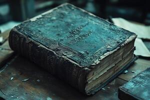 An old book in a worn leather binding. A magic book on a wooden tabletop. Generated by artificial intelligence. photo