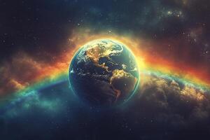 Planet earth is shrouded in rainbows and clouds among the stars in space. Generated by artificial intelligence photo