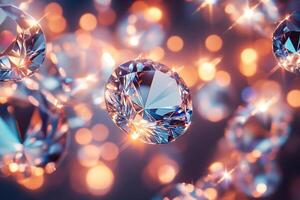Close-up of sparkling diamonds arranged on a reflective surface. Gemstone concept. Generated by artificial intelligence photo