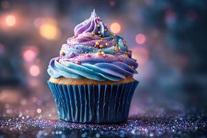 A festive cupcake with delicate purple cream and pearl topping stands on a table against a blurred background with bokeh. Generated by artificial intelligence photo