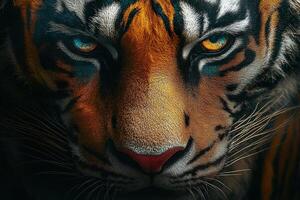 Close-up of a tiger looking at the camera against a dark background. Predator in the wild photo