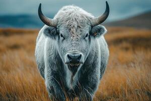 Portrait of a white bison with an ear tag in a field with dry plants in the background. Bison power. Generated by artificial intelligence. photo