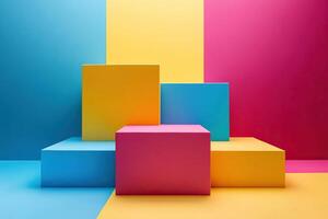 Cubes and rectangles of different colors stand on top of each other. Minimalistic background. Generated by artificial intelligence photo