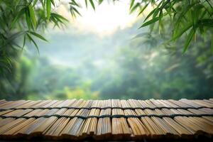 Tropical green background with empty tabletop with bamboo mat in front. Exotic summer panoramic banner with copy space overlooking tropical forest. photo