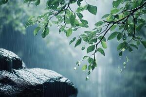 The tree branches bent over the rock in the pouring rain. Generated by artificial intelligence. photo