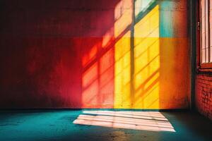 Sunlight from a barred window falls on a yellow and pink concrete wall. Empty concrete room. Generated by artificial intelligence. photo