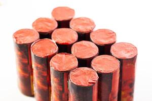 Packaging of flying circoblits fireworks on the table. Safety with pyrotechnics, close-up photo