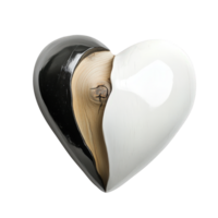 3d corazón conformado objeto con negro y blanco mitades, revelador madera grano, aislado en transparente antecedentes enamorado amor png