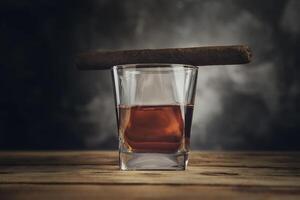 A glass of whiskey and a cigar on a wooden table photo