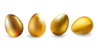 Glossy Gold eggs 3D set for holiday and financial themes. Realistic golden eggs collection for Easter and wealth concepts.Easter designs, financial concepts, luxury branding, and advertisements. vector
