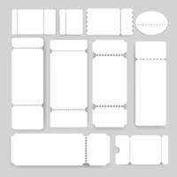 Blank white tickets with perforated edges coded in various shapes and sizes. Perfect for designing custom event tickets, raffles, movie passes,concert stubs, and printable templates. vector