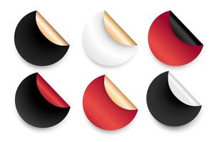 Round stickers labels set with curled corners in black, white, and red colors. Features realistic peeling effects with gold and shadow. Ideal for branding, labels, packaging,promotional design. vector