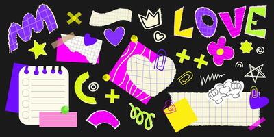 Scrapbook collage elements set with doodles, paper notes, and colorful stickers on a black. Drawing elements like hearts, stars, text.Great for digital designs,backgrounds, creative projects. vector