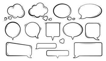 Hand Drawing speech and thought bubbles set in black and white, featuring various shapes and styles. Ideal for comic strips, digital illustrations, design projects, and creative templates. vector