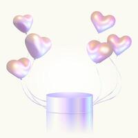 Iridescent heart shaped balloons glossy cylindrical podium. 3d realistic cylinder podium, stage showcase for product presentation . Minimal scene for mockup product display. illustration vector