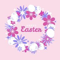 Floral Easter wreath with decorated eggs on a pastel pink background. Festive spring holiday design with a decorative frame and greeting text.Festive Template for postcard or invitation. vector