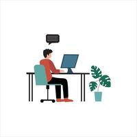 A simple, flat illustration of a person sitting at a desk working on a computer. vector