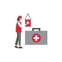 A stylized illustration of a person in red uniform holding a Swiss flag symbol while standing beside a gray first aid kit. vector