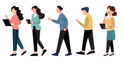 Flat illustration of five business professionals, walking and engaged in various activities, like working on laptops, talking on phones, and carrying documents. vector