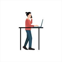 A stylized illustration of a person working at a standing desk, engaged in a phone call while using a laptop. vector