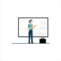 A stylized illustration of a person giving a presentation in front of a whiteboard. vector