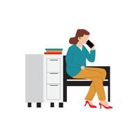 A woman is seated on a bench in an office setting, engaged in a phone conversation. vector