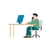 A simple, stylized illustration of a person seated at a desk, working on a computer and talking on a mobile phone. vector