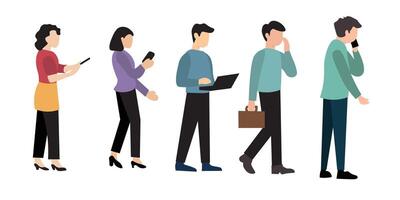 Flat illustration of five people engaged in various digital interactions. vector