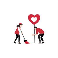 Two people in red uniforms are shown working together, one using a broom, the other positioning a large red heart-shaped decoration. vector