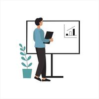 A stylized illustration of a man giving a presentation, standing in front of a whiteboard displaying bar graphs. vector