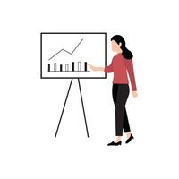 A businesswoman stands before a presentation board with a growth chart, demonstrating positive progress. vector
