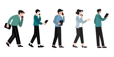 Flat design illustration of diverse business professionals walking and using mobile phones and tablets. vector