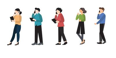 Flat design illustration of five business professionals, each engaged in a phone call using a tablet or digital device. vector