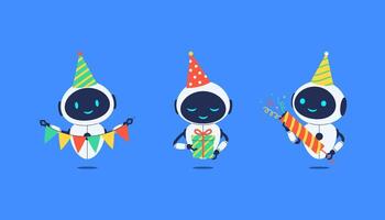 Set of smiling robots celebrating birthday with party elements. illustration for AI, celebration or tech themed designs vector