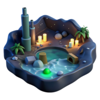 Nighttime Oasis Render Serene Island with Candles, Palm Trees, and Abstract Structures png