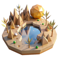 Low Poly 3D Island Scene with Pond and Mountains Illustration png