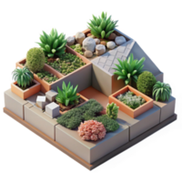 Isometric Illustration of a Modern Rooftop Garden Design with Succulents and Greenery png
