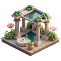 Isometric Illustration Lush Garden Oasis with Classical Columns and Pools png
