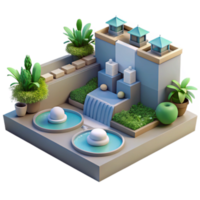 Isometric Illustration of a Serene Oasis Tranquil Fountains, Lush Greenery, and Minimalist Architecture png