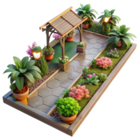 Render of a Charming Garden Path with Hexagonal Tiles and Lush Greenery png