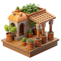 Render of a Charming Mediterranean House with Lush Rooftop Garden and Patio png